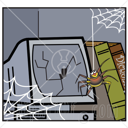 15865-Happy-Little-Spider-Hanging-Down-From-A-Web-In-Front-Of-A-Broken-Computer-Screen-Clipart-Illustration